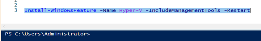 Polecenie programu PowerShell do uruchomienia na zagnieżdżonym serwerze maszyny wirtualnej funkcji Hyper-V w celu zainstalowania roli programu Hyper-V Server i narzędzi zarządzania funkcją Hyper-V.