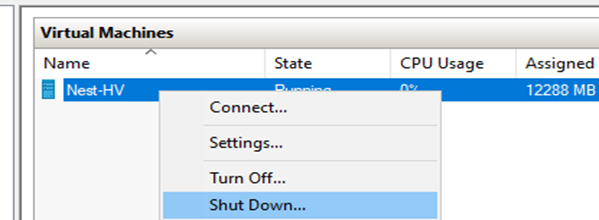 Hyper-V ManagerでHyper-V VMをシャットダウンする方法の表示。