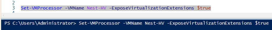 Windows Hyper-V VMで仮想拡張機能を使用できるようにするためにHyper-Vホストで実行するPowerShellコマンドを示しています。