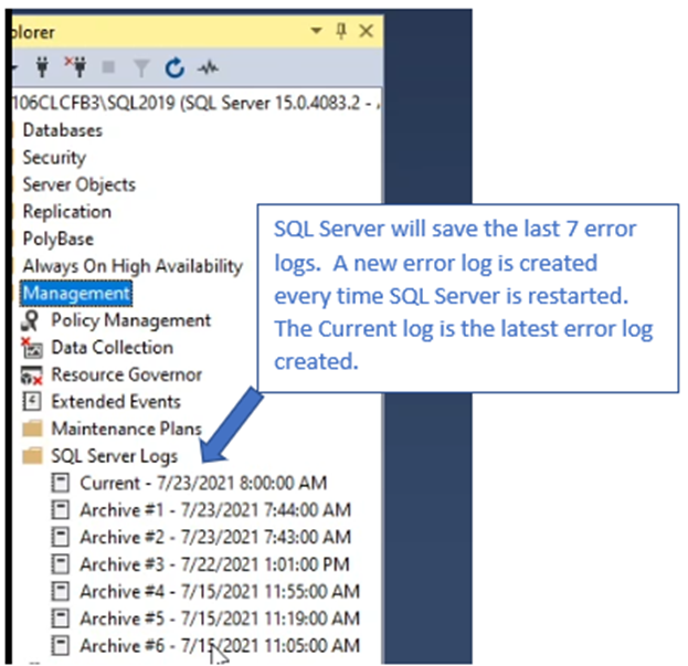 Zrzut ekranu lokalizacji dzienników SQL Server w programie SQL Server Management Studio