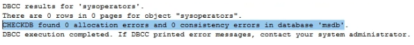 Ergebnisse von DBCC CHECkDB bei der Überprüfung auf Konsistenzfehler. 