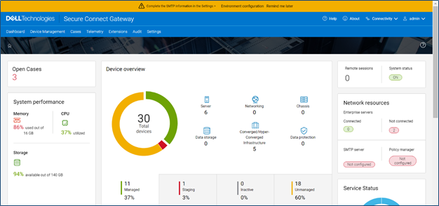 Snímek obrazovky řídicího panelu Secure Connect Gateway