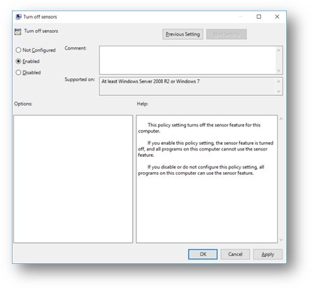 Windows 10 turn off sensors enabled