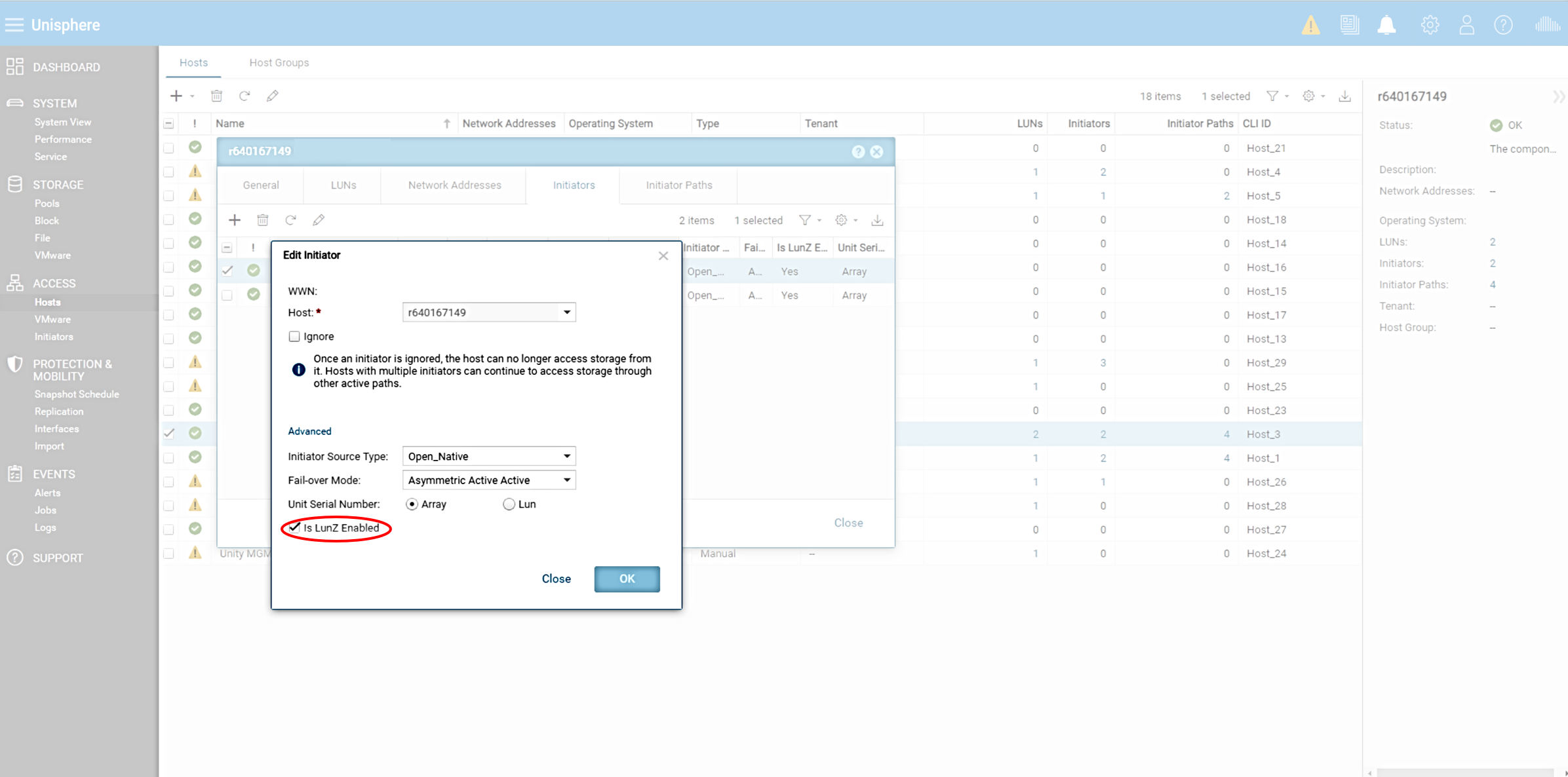 此圖顯示要在 Unisphere 中尋找什麼以停用 LUN Z。