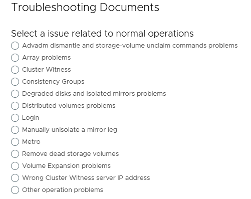 Captura de pantalla de los documentos de solución de problemas:> seleccione un problema relacionado con las opciones de funcionamiento normal