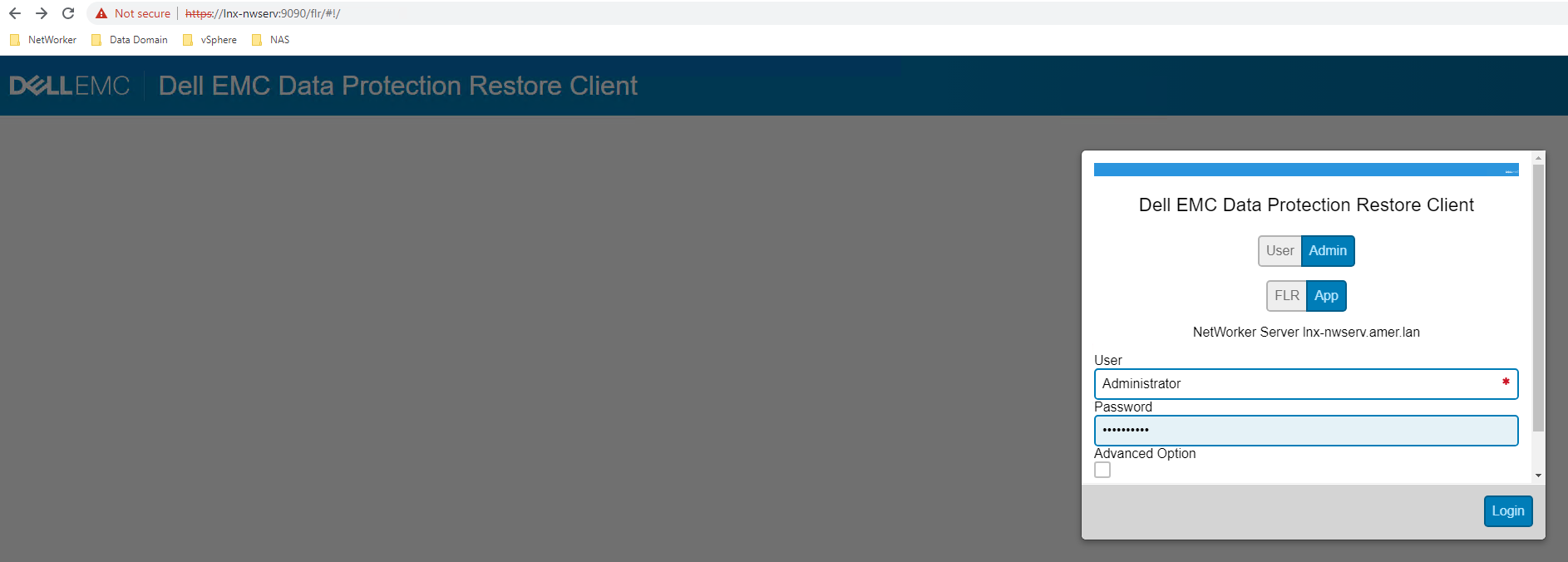 Pantalla de inicio de sesión de Dell EMC Data Protection Restore Client