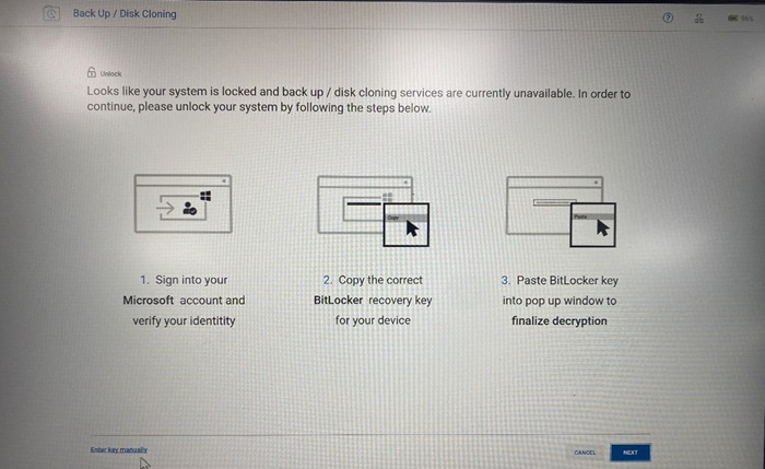 Výběrem možnosti Enter key manually zakažte šifrování nástroje BitLocker.