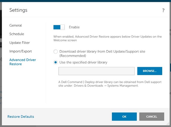 Enabling the option and selecting the CAB file location