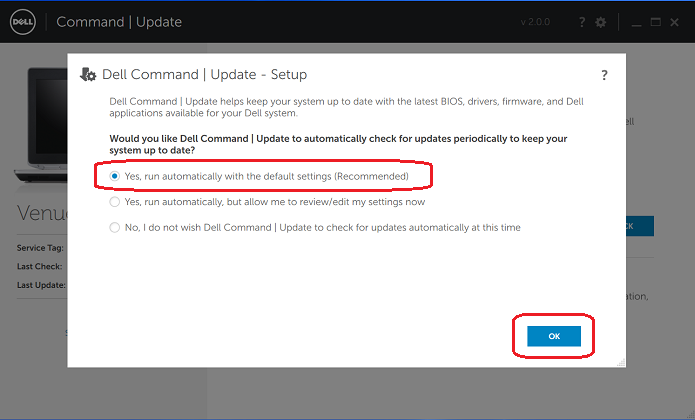 Choosing default settings and clicking OK