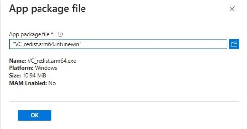 单击“Select app package file”并找到 VC_redist.arm64.intunewin