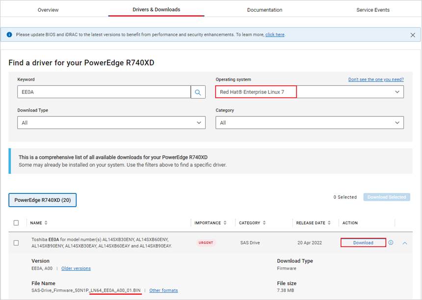 Sélection du système d’exploitation Linux sur le site de support Dell