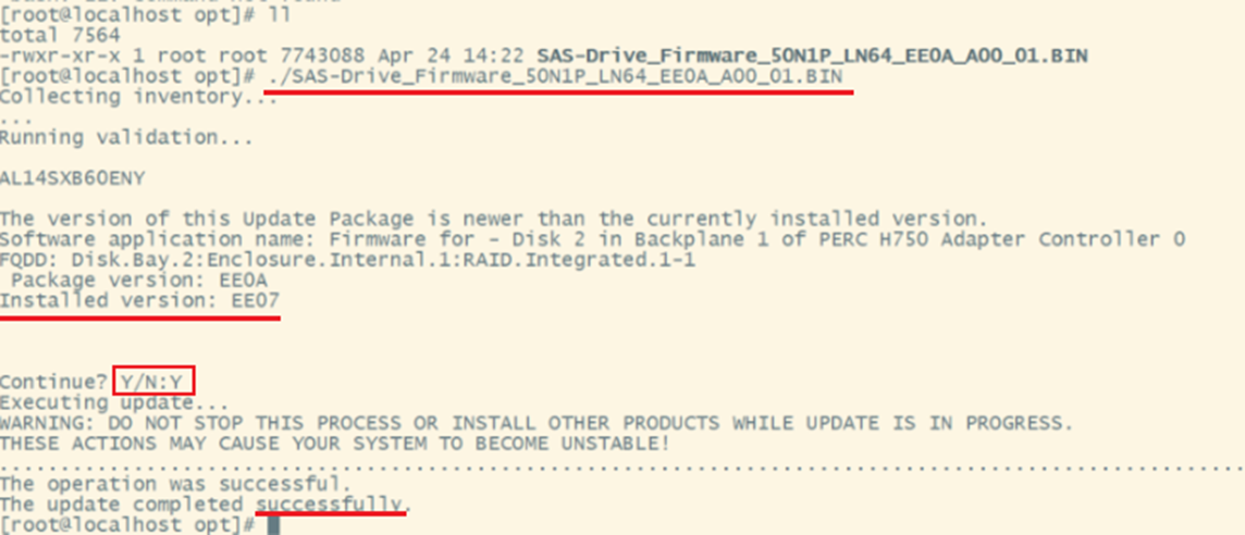 Esempio di esecuzione del file BIN del firmware completata correttamente.