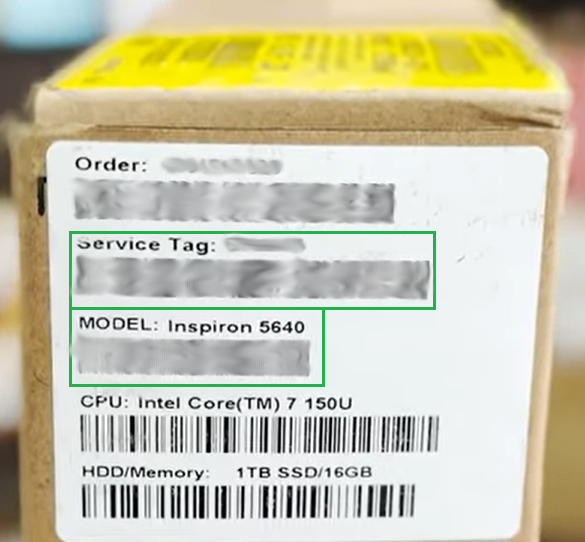 Service-Tag- und Modellnummernetikett auf der Außenseite des Versandkartons