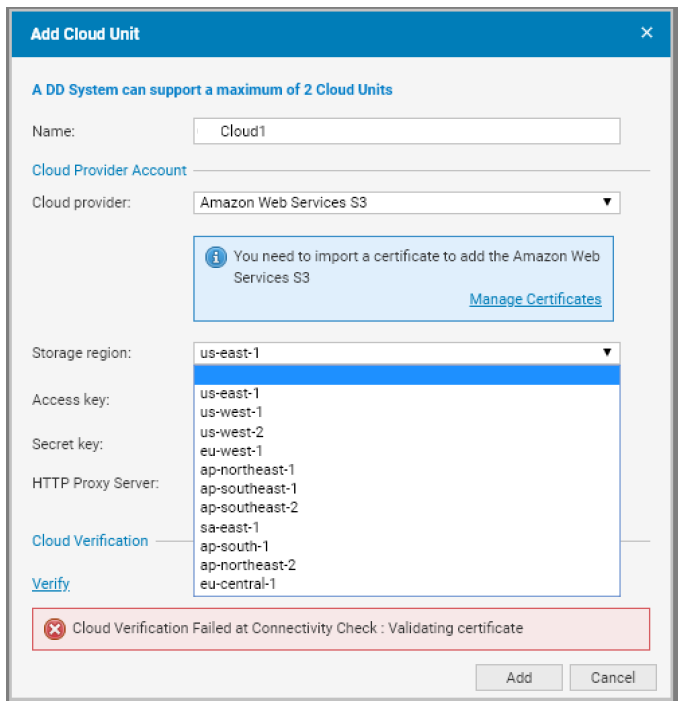 Esempio di errore riscontrato durante l'aggiunta di unità cloud