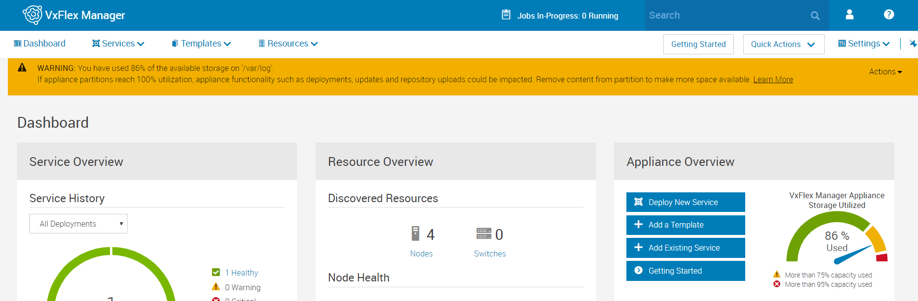 A interface do usuário do VxFM mostra um aviso se >75%: