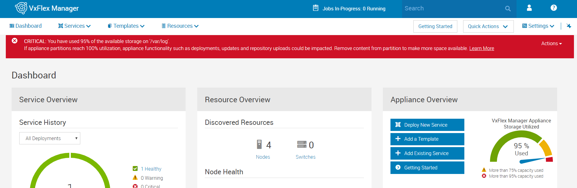 La interfaz de usuario de VxFM muestra un estado crítico si > el 95 %: