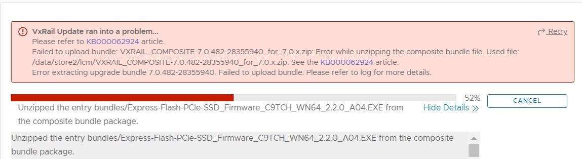 7.0.400から7.0.482へのアップグレードに関するアップグレード バンドル エラー