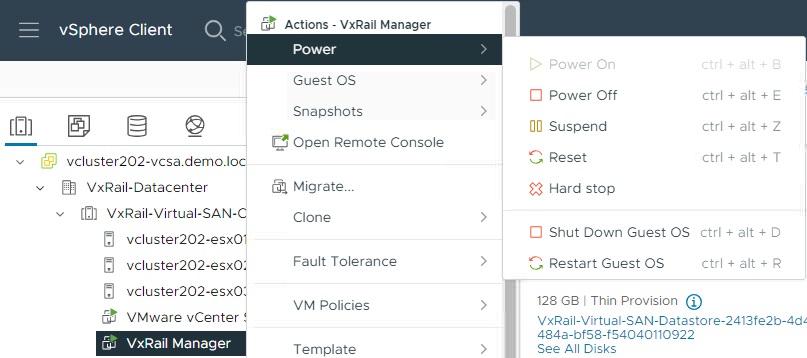 Wo der VxRail Manager in vSphere heruntergefahren werden soll.