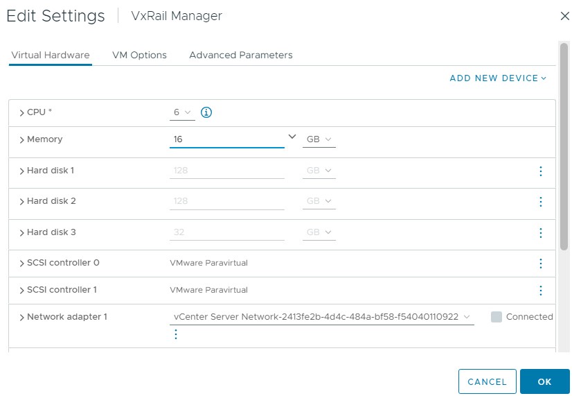 Schermata Edit Settings per modificare la CPU e la memoria.