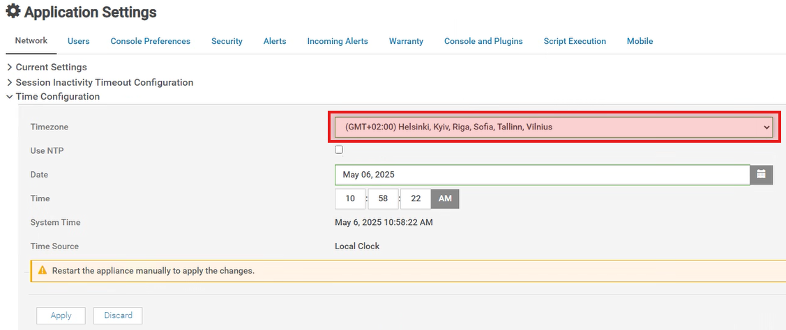 OME Web UI，顯示 GMT +02：00 赫爾辛基，基輔時區設定