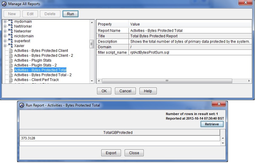 Manage reports 화면 및 Bytes protected report 화면