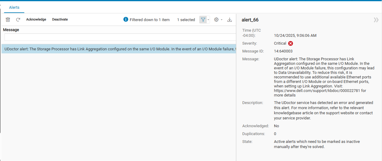 Unisphere의 Link Aggregation 알림을 보여주는 이미지