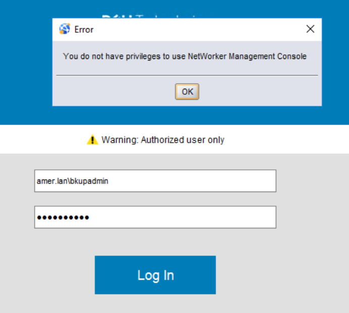 Přihlášení k konzoli NMC jako uživatel domény selže s chybou Nemáte oprávnění k používání konzole NetWorker Management Console.