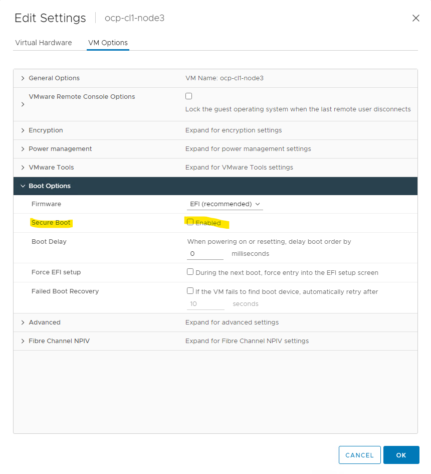 Diable Secure Boot i startalternativen för VM-inställningarna