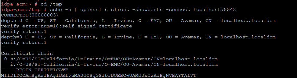 En la línea de comandos, muestra el CN = localhost.localdom del certificado predeterminado de ACM