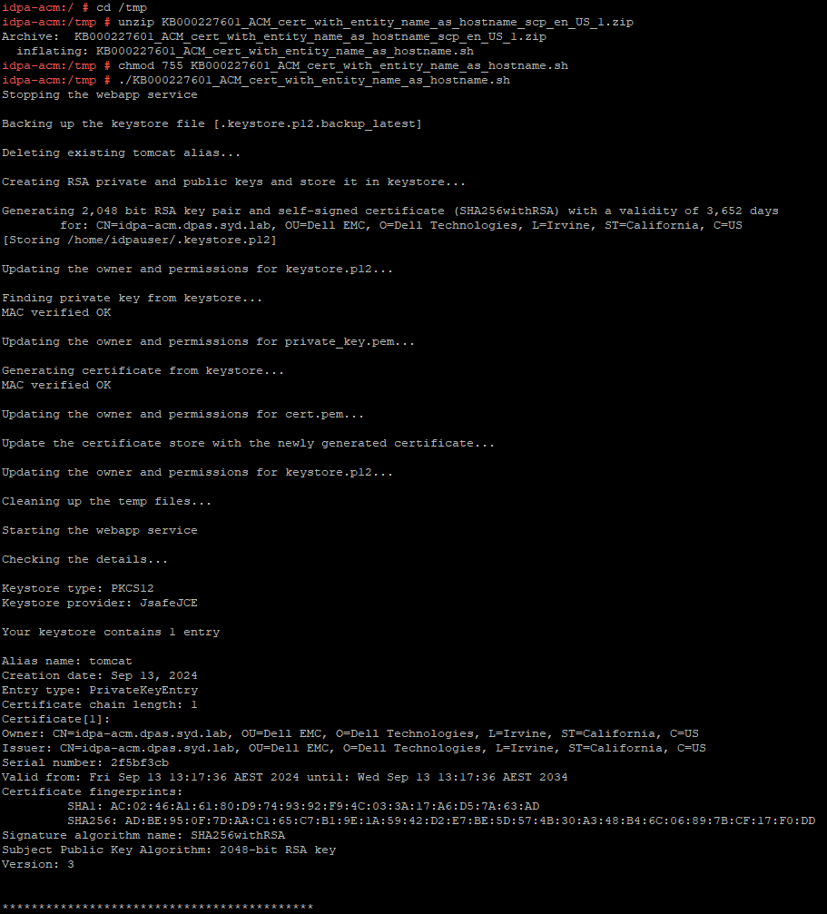 如何使用提供的指令檔產生新的自我簽署憑證的範例。