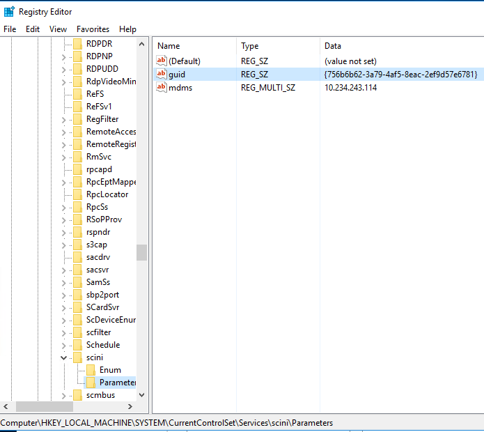 HKEY_LOCAL_MACHINE\SYSTEM\CurrentControlSet\Services\scini\Parameters