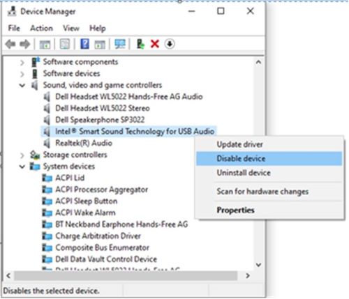 Zakázání technologie Intel Smart Sound Technology pro zvuk USB