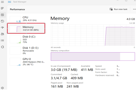 Performance tab shows Memory usage in Task Manager