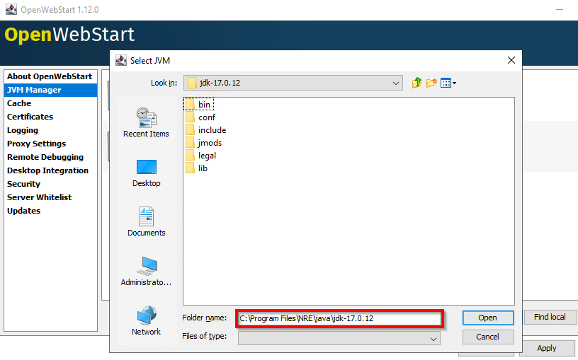 Aggiunta di NRE a JVM Manager