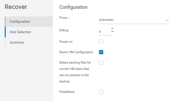 Snímek obrazovky uživatelského rozhraní s vybranou možností Revert VM Configuration