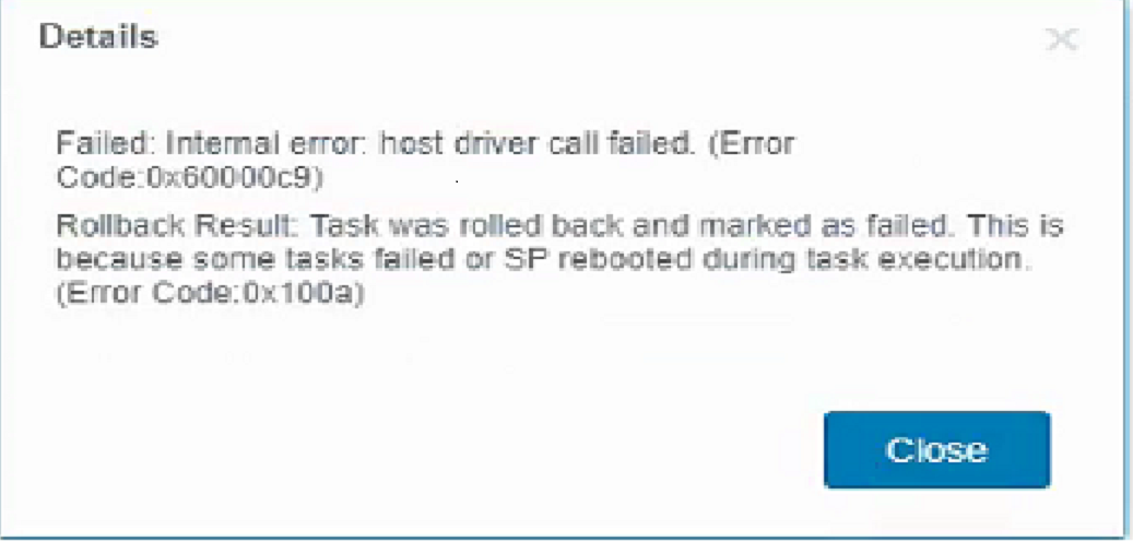 Erro interno: falha no driver do host (Código de erro: 0x60000c9)