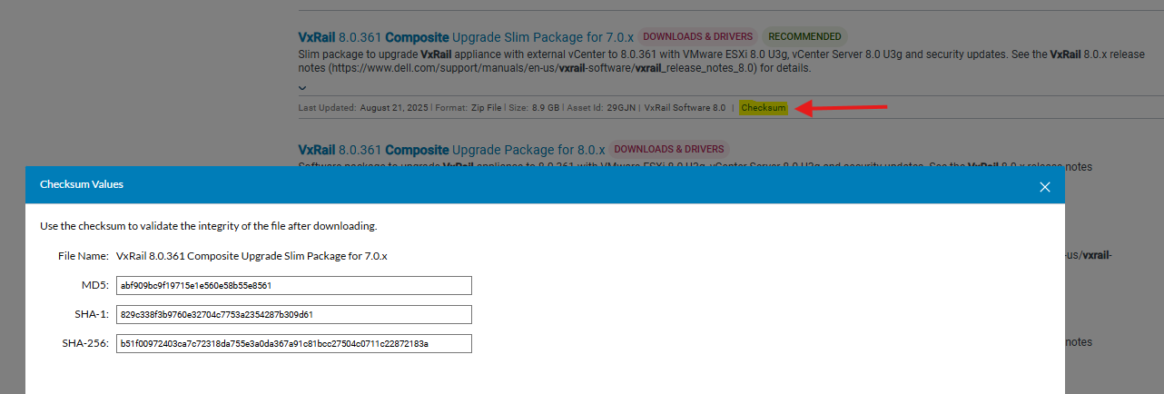 Capture d’écran de la vérification du hachage sur le site de support