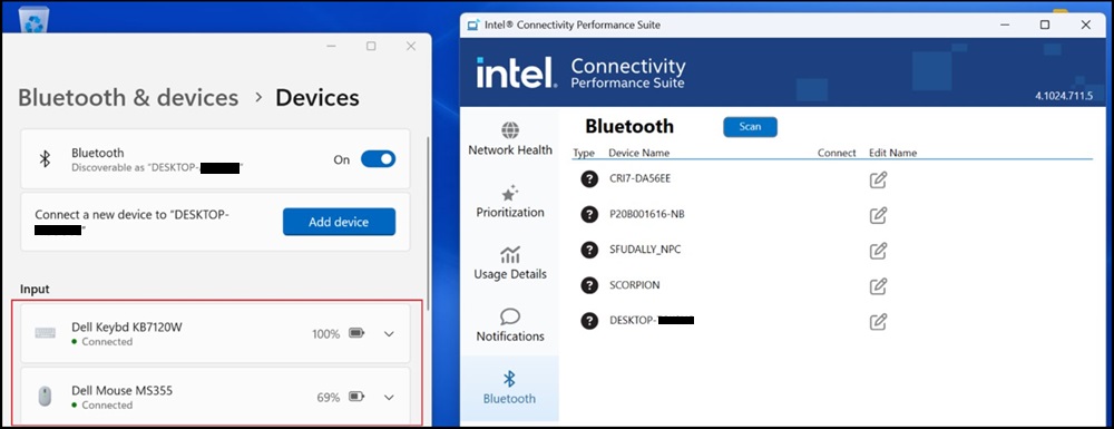 Exempel på Bluetooth-enheter i Windows och Intel Connectivity Performance Suite Bluetooth-enheter