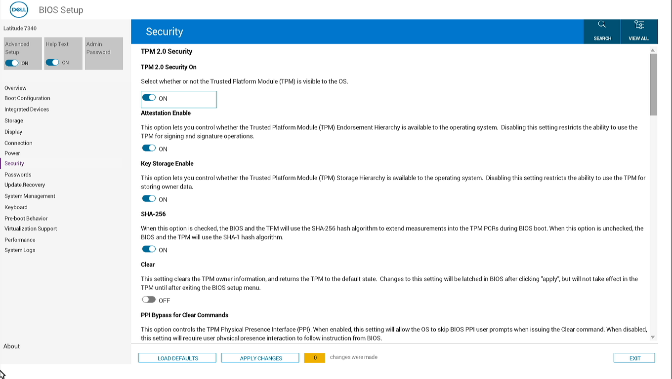 Screenshot of a Latitude 7340 BIOS showing the TPM 2.0 security toggle turned on