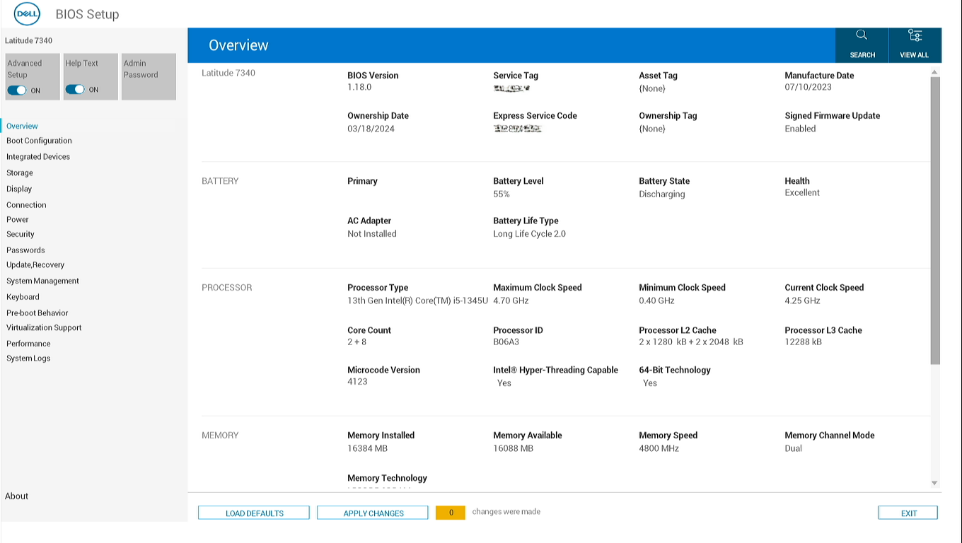 Screenshot of a Latitude UEFI BIOS with the Load Defaults button at the bottom