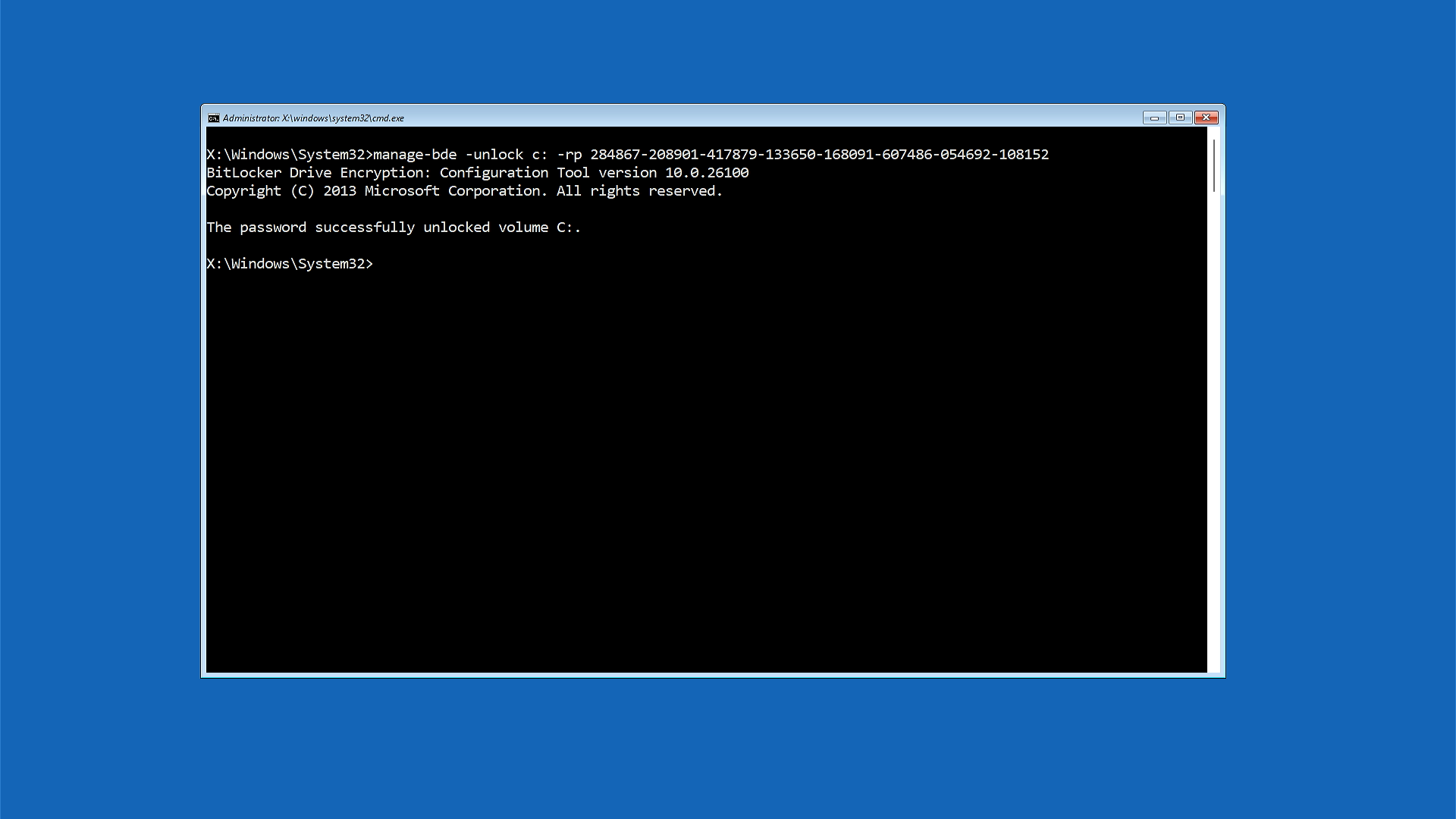 Screenshot of command prompt with BitLocker unlock command using the recovery key