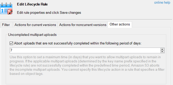 To upload a bucket life cycle using S3 Browser, connect to the bucket and use the following settings