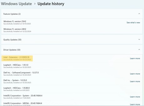 The Intel Extension update (version 2.1.10105.19) may repeatedly reinstall itself through Windows Update or Dell Update.