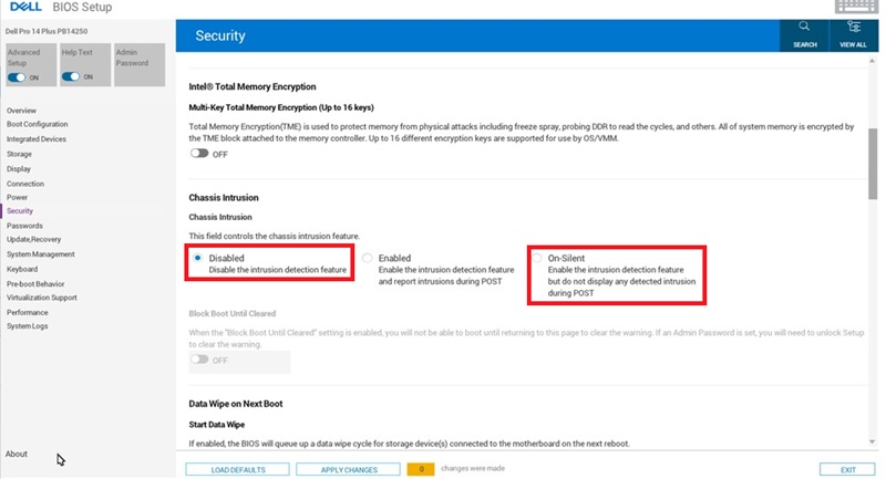 Sélectionnez Silencieux ou Désactivé pour Intrusion dans le châssis.