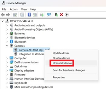 Clique com o botão direito em Camera AI Effect Opt-out e selecione Desinstalar dispositivo.
