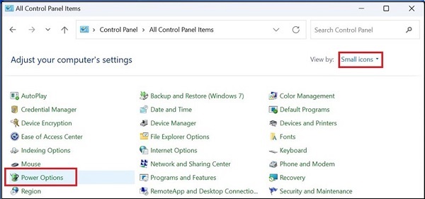 按小图标查看，然后选择电源选项