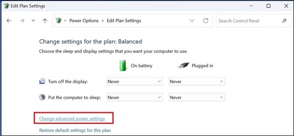 单击更改高级电源设置