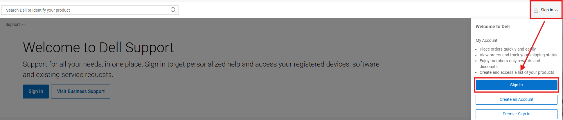 Pantalla de inicio de sesión en el sitio de soporte de Dell