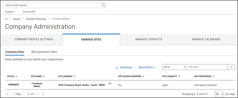 このページには、すべての社内管理者(Company Admin)向けサイトが表示されます。［Company Administration］ページの［Company Profile Settings］、［Manage Sites］、［Manage Contracts］、［Manage Calendars］