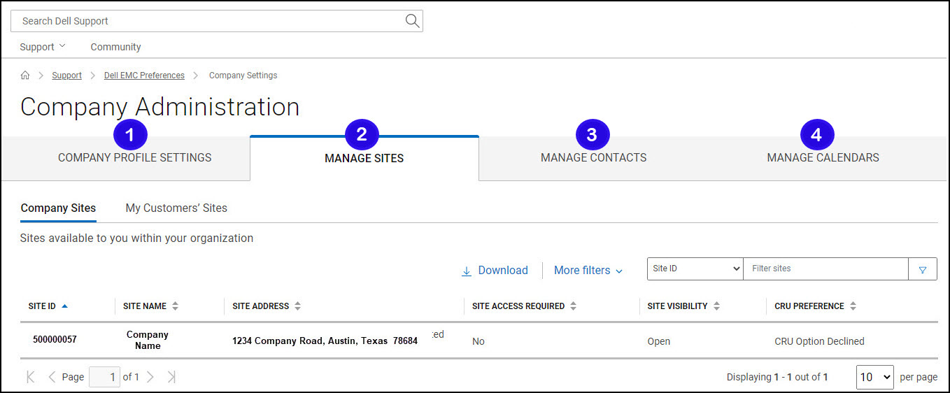 ［Company Administration］ページには、［Company Profile Settings］、［Manage Sites］、［Manage Contracts］、［Manage Calendars］の4つのタブが表示されます。